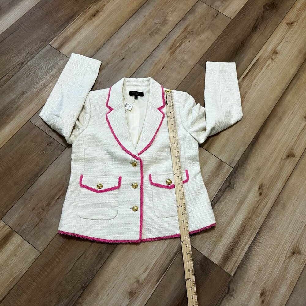 NWT - Talbots Tweed Fringe Jacket 6 Petite Cream Pink Trim Gold Buttons Blazer - Picture 7 of 14